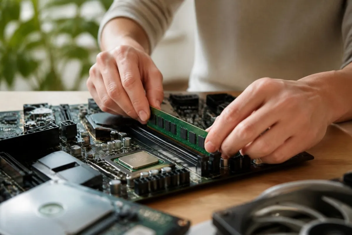 Persona colocando la memoria RAM en la placa base de un ordenador, en un curso de informática